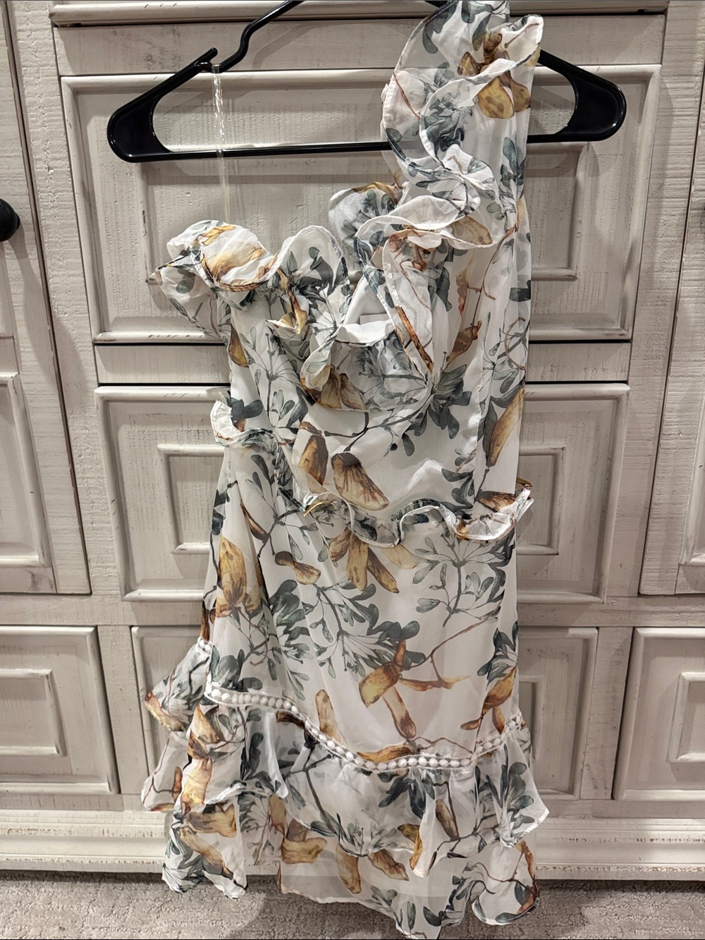 Floral One-Shoulder Ruffle Midi Dress in White and Yellow